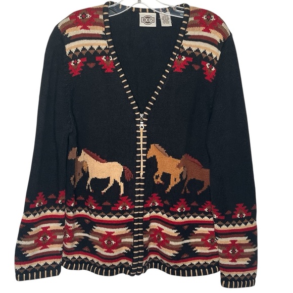 Rods Sweaters - Rods Horse Print Zip Up Cardigan Sweater Womens Sz L Western Country Ranch